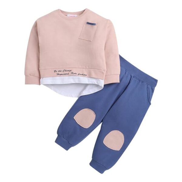 Boys Cotton and Spandex Solid Full Sleeves Sweatshirt and Pants Set in Pink Color
