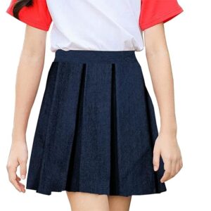 La Festiya Denim High Waist Check Pattern Pleated Short, Flared Skirt for Baby Girls, Kid