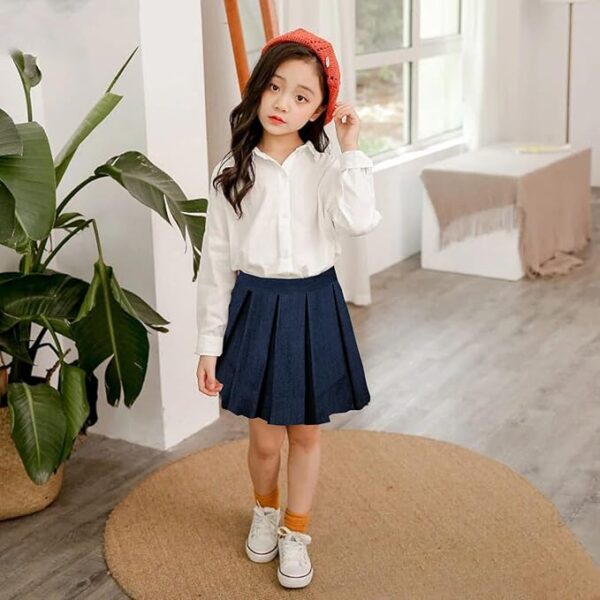La Festiya Denim High Waist Check Pattern Pleated Short, Flared Skirt for Baby Girls, Kid