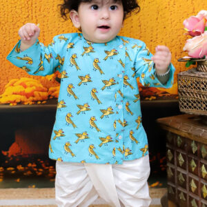 Boys Quirky Printed Cotton Kurta with Dhoti Pants – Traditional Festive Wear