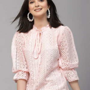 Self Design Tie-Up Neck Puff Sleeve Cotton Top