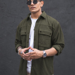 Men’s Olive Green Textured Oversized Casual Shirt
