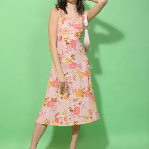 Women’s Pink Floral Printed A-Line Midi Dress