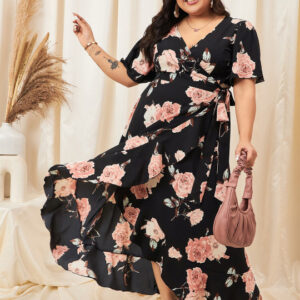 Plus Size Floral Printed Flared Sleeve Ruffled Crepe Maxi Dress