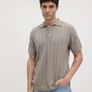 The Life Co. Open Knit Self-Striped Drop-Shoulder Sleeves Pure Cotton T-Shirt