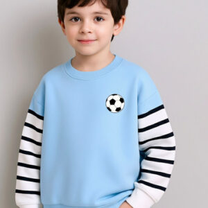 Boys Light Blue Football Print Winter Sweatshirt – Striped Sleeve Design