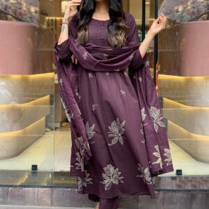 Elegant Floral Printed Round Neck Anarkali Kurta Set with Trousers & Dupatta