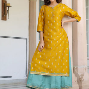 Women’s Mustard Silk Blend Foil Printed Anarkali Ethnic Dress