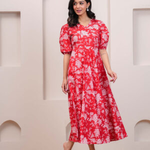 Elegant Floral Printed Fit & Flare Midi Dress for Women