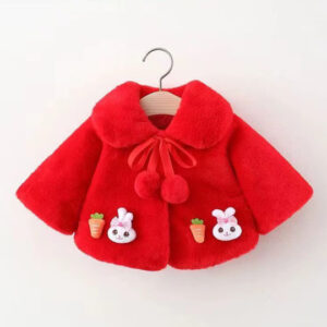 Infant Girls Soft Fur Winter Coat with Bunny & Carrot Embroidery – Red