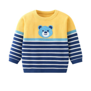 Boys Yellow & Blue Striped Woollen Pullover – Cute Bear Design