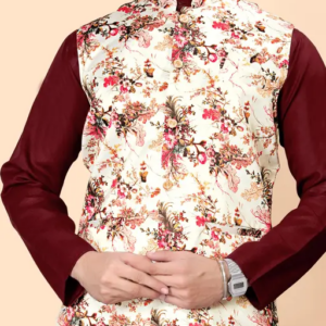 Premium Printed Kurta Pajama & Ethnic Koti Set for Men (3-Piece Traditional Outfit)