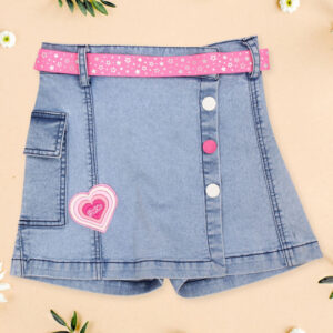 Girls Embellished Denim Skirt with Pink Belt – Stylish Casual Wear