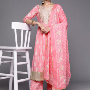 Women’s Pink Yoke Design Cotton Anarkali Kurta Set with Palazzos & Dupatta