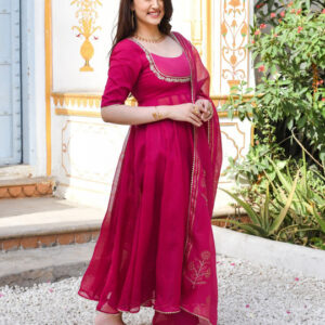 Elegant Thread Work Anarkali Kurta Set with Trouser & Dupatta
