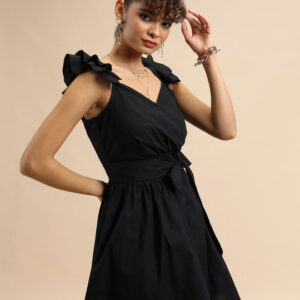 Women’s Black Pleated Ruffled Tie-Up Fit & Flare Dress