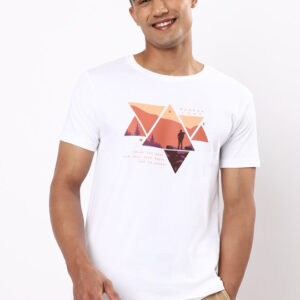 Men White & Coral Printed T-Shirt