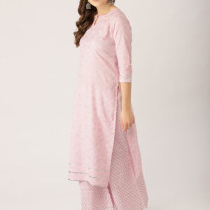 Women’s Pink & Silver Printed Kurta Set with Palazzos & Dupatta