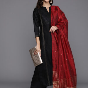 Women’s Black Pure Cotton Yoke Design Panelled Kurta Set with Palazzos & Dupatta