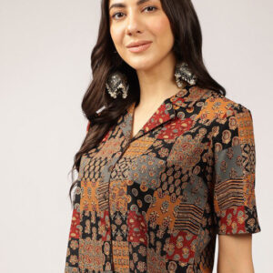 Ethnic Printed Cuban Collar Shirt Style Top