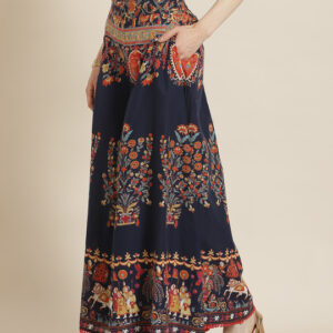Women’s Navy Blue & Orange Ethnic Motifs Printed Flared Palazzos with Scrunchie