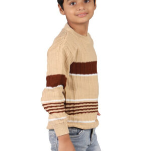 Boys Beige Woolen Striped Winter Pullover Sweater – Round Neck