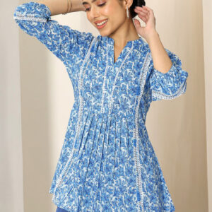 Women’s Floral Printed Mandarin Collar Panelled A-Line Kurti