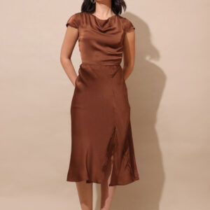 Women’s Cowl Neck Satin Fit & Flare Midi Dress with Slits