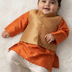 Boys Orange Zari Kurta Pyjama Set with Bandi Jacket – Festive Ethnic Wear