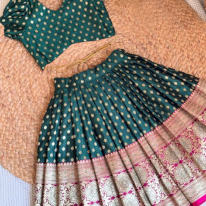 Girls Woven Design Flared Lehenga Choli – V-Neck (Green & Gold)