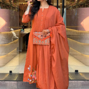 Women’s Floral Printed Notch Neck A-Line Kurta Set with Trousers & Dupatta