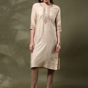 Women’s Floral Yoke Design Thread Work Round Neck Straight Kurta