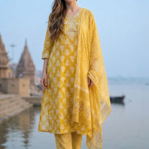 Women’s Ethnic Motifs Thread Work Pure Cotton Kurta Set with Trousers & Dupatta