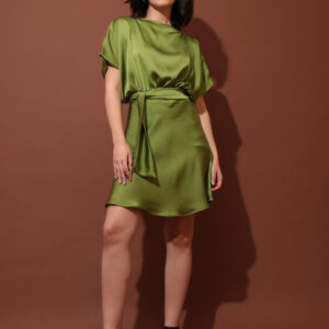 Women Cowl Neck Kimono Sleeve Satin Fit & Flare Mini Belted Dress