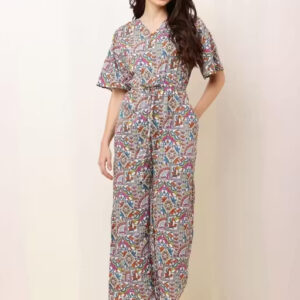 Four Women’s Rajasthani Printed Crepe Jumpsuit – Stylish V-Neck Ethnic Fusion Wear