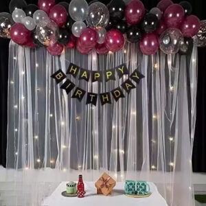 Burgundy LED Birthday Backdrop Set with White Net Curtain